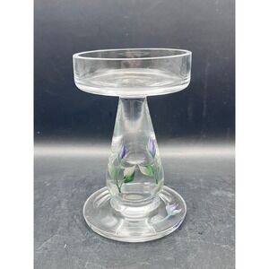 Vintage Clear Glass Pillar Candle Holder/Pedestal w/ Purple Flowers